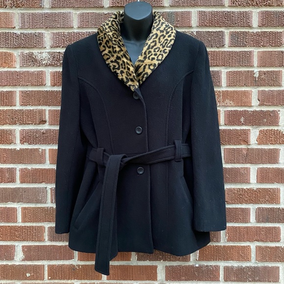 Mario de Pinto 100% Wool lined buttons waist tie black cheetah collar jacket M - Picture 1 of 12